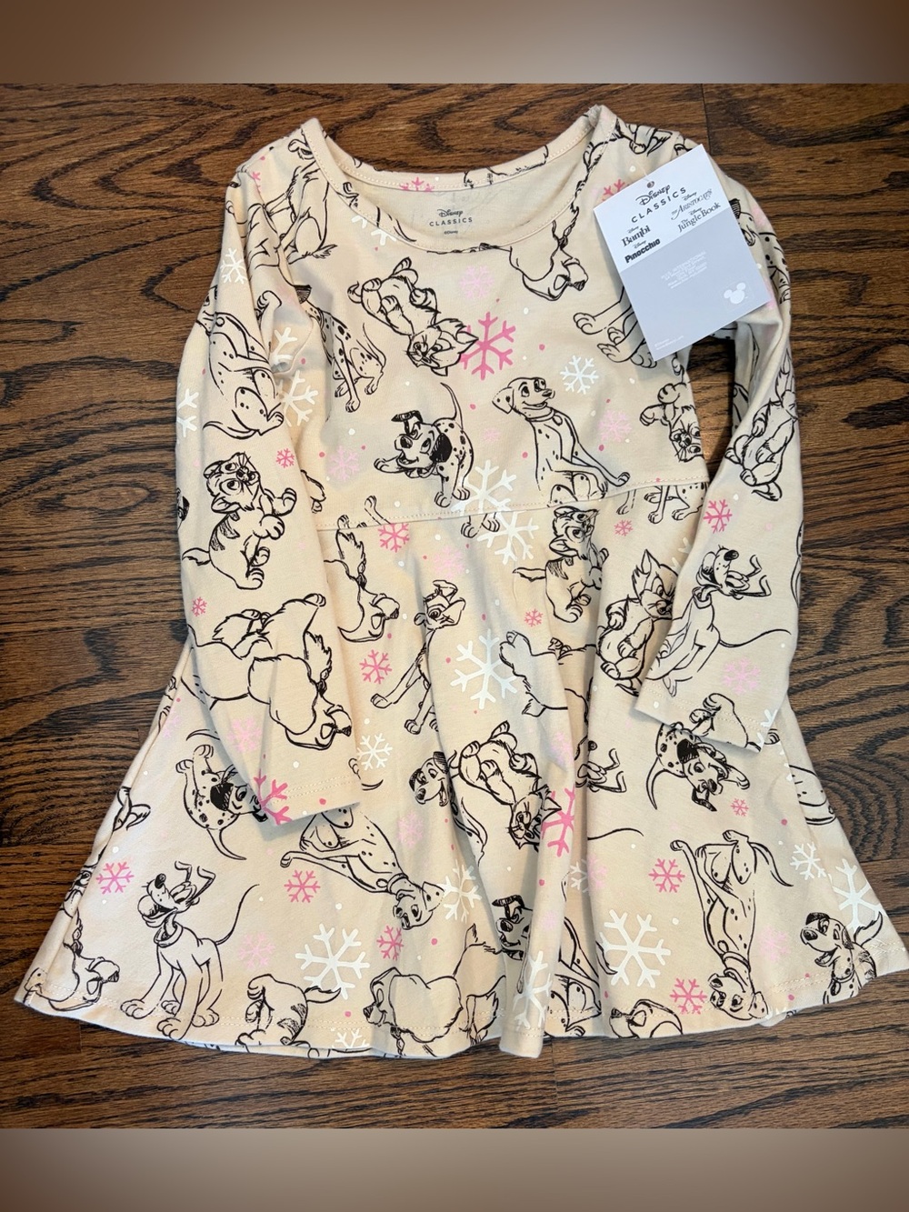 Disney Cream 101 Dalmatians Print Girls' Long Sleeve Dress with Pink Accents
